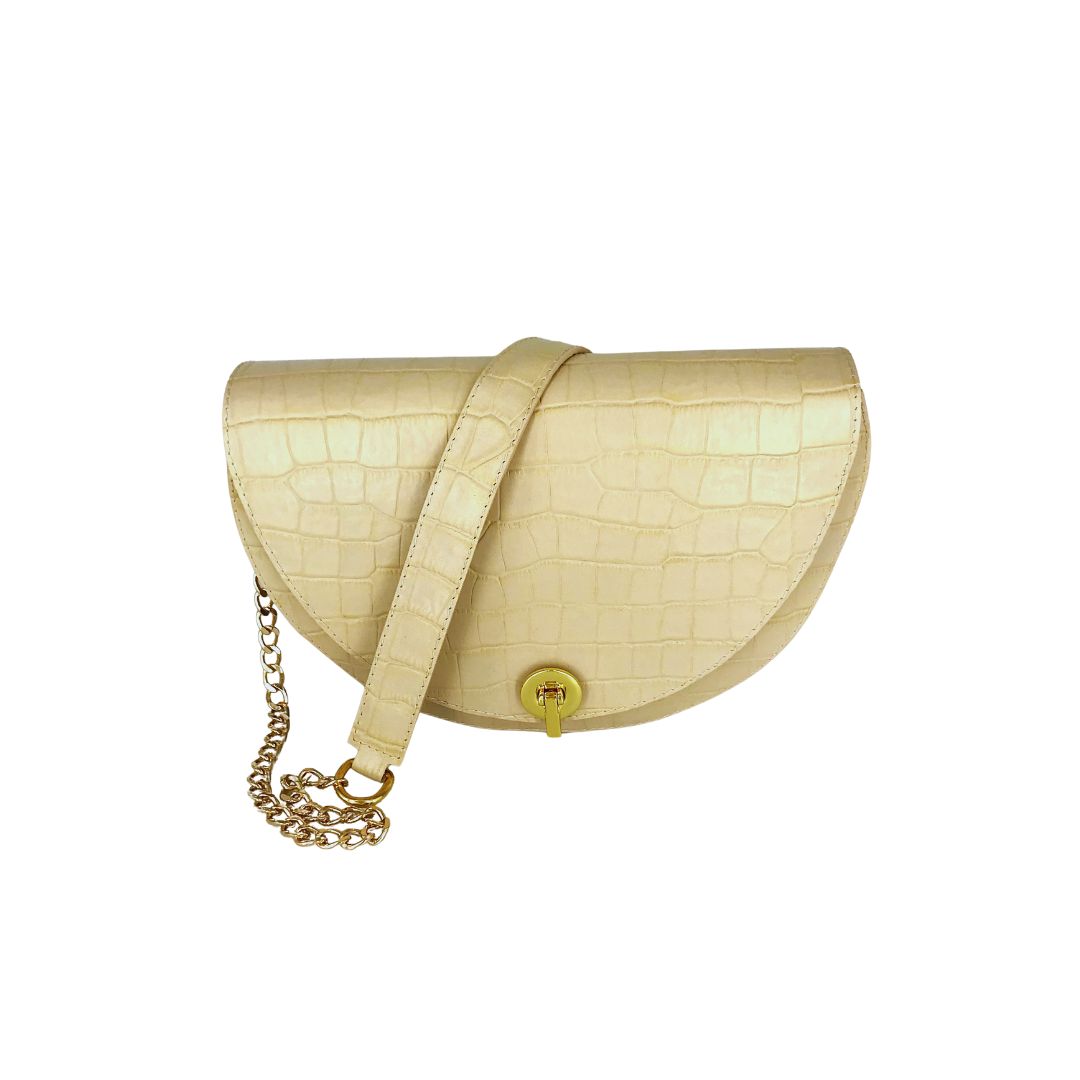 HALFMOON medium beige croco bag with gold chain strap and leather on the shoulder