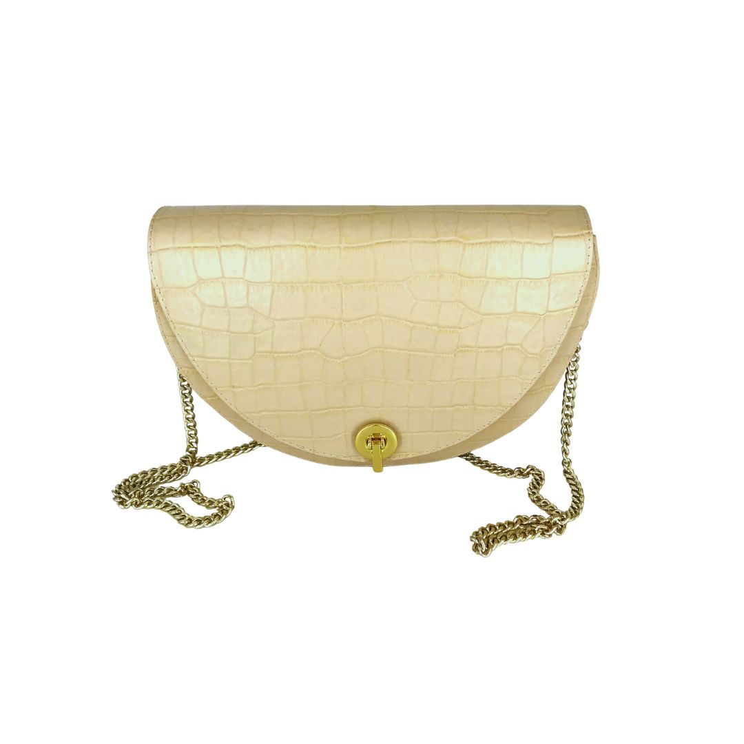 HALFMOON medium beige croco bag with gold chain strap