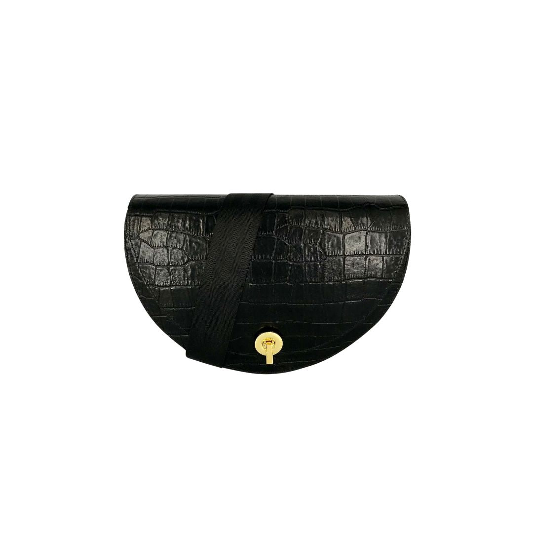 Halfmoon bag - black croco embossed with black webbing strap