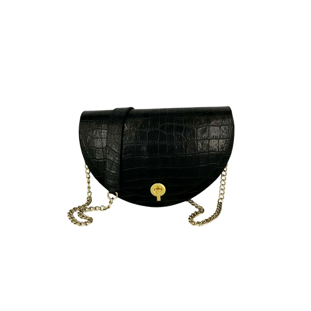 Halfmoon medium bag - black croco embossed with gold chain strap and leather on the shoulder