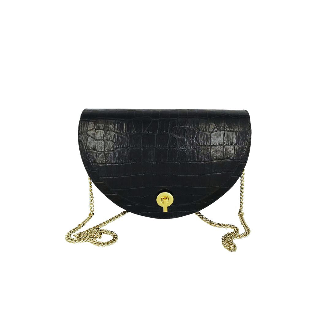 Halfmoon bag - black croco embossed with gold chain strap