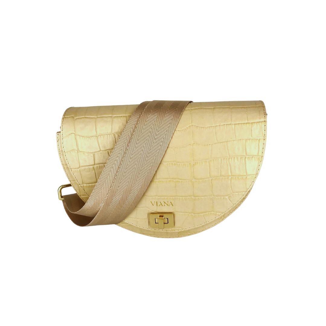 HALFMOON mini beige croco leather bag with beige sating webbing strap