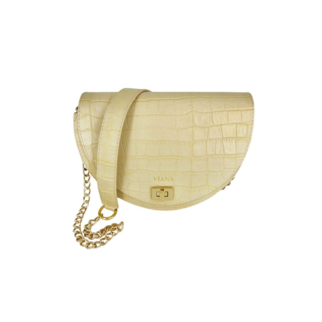 HALFMOON mini beige croco leather bag with gold chain and leather on the shoulder