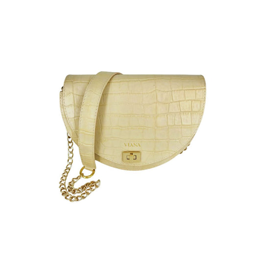 HALFMOON mini beige croco leather bag with gold chain and leather on the shoulder