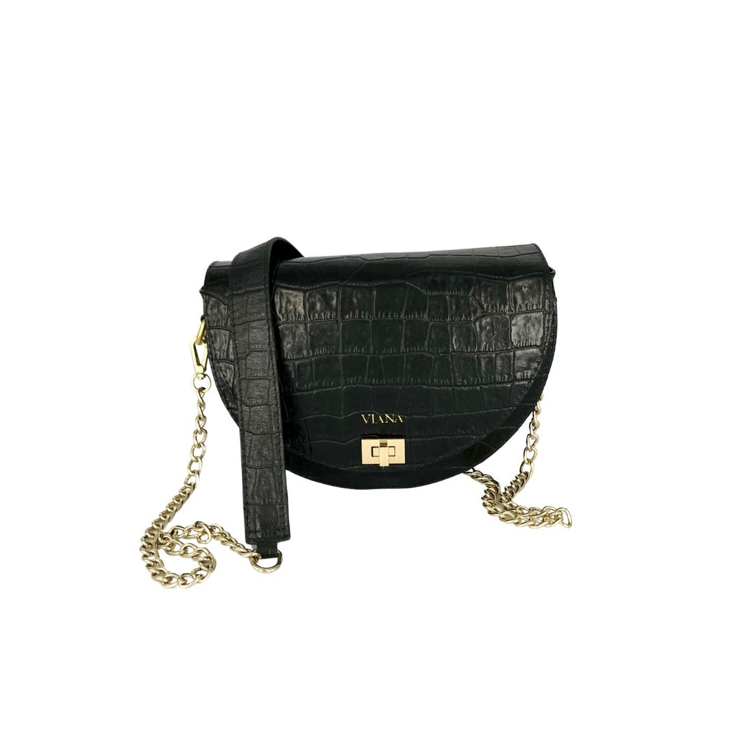 halfmoon mini black with gold chain and leather on the shoulder