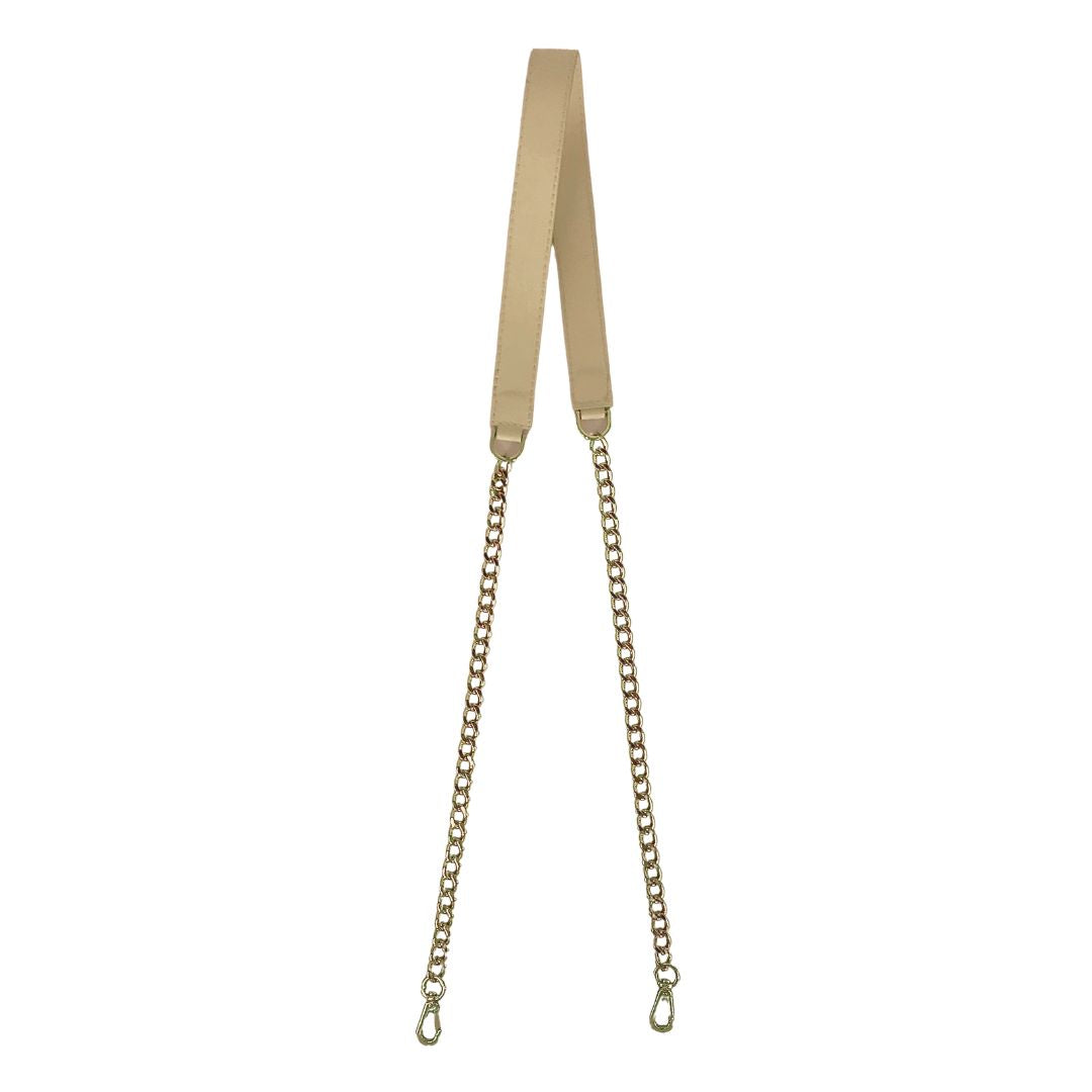 Chain strap, gold with beige leather on the shoulder